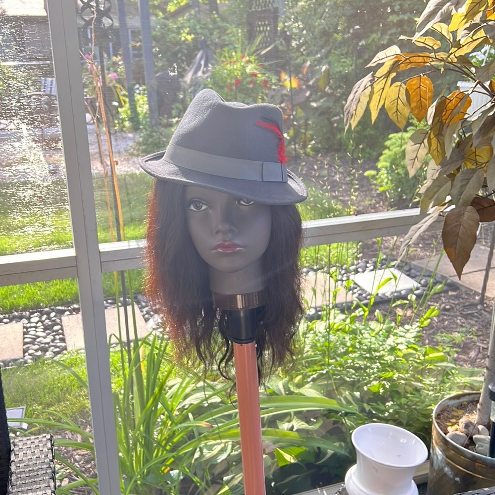 Grey  felt hat with red feather used worn very classy !!